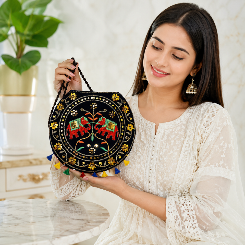 Women Round Sling Bag with Traditional Embroidery