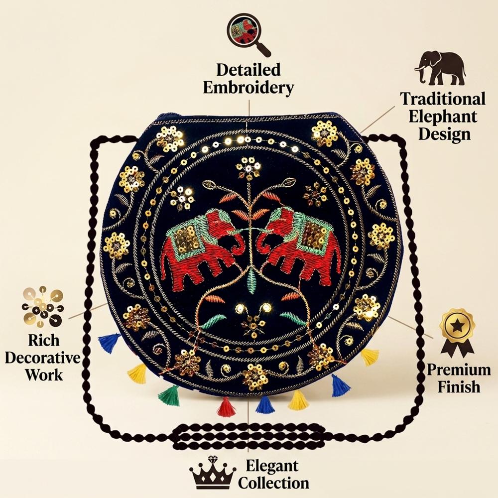 Round Ethnic Mirror Work Sling Bag For Women - Color: Black