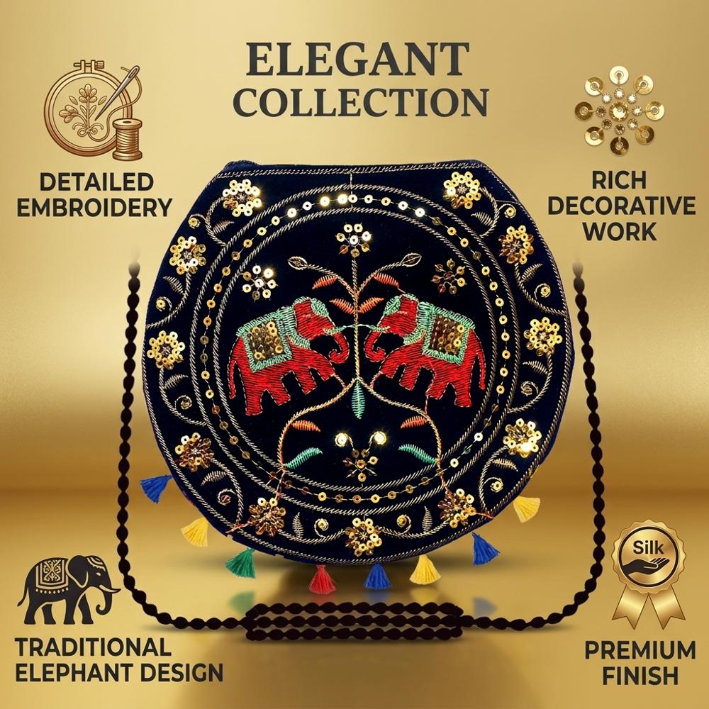 Ethnic Elephant Embroidered Round Crossbody Bag - Color: Black