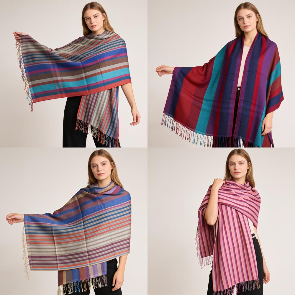 Silk Wool Check/Stripe Stoles - Color: Assorted