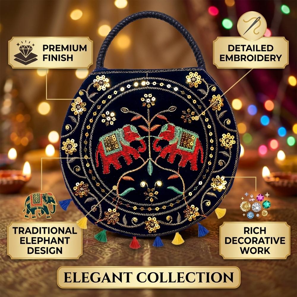 Traditional Elephant Design Bag For Women & Girls - Color: Black
