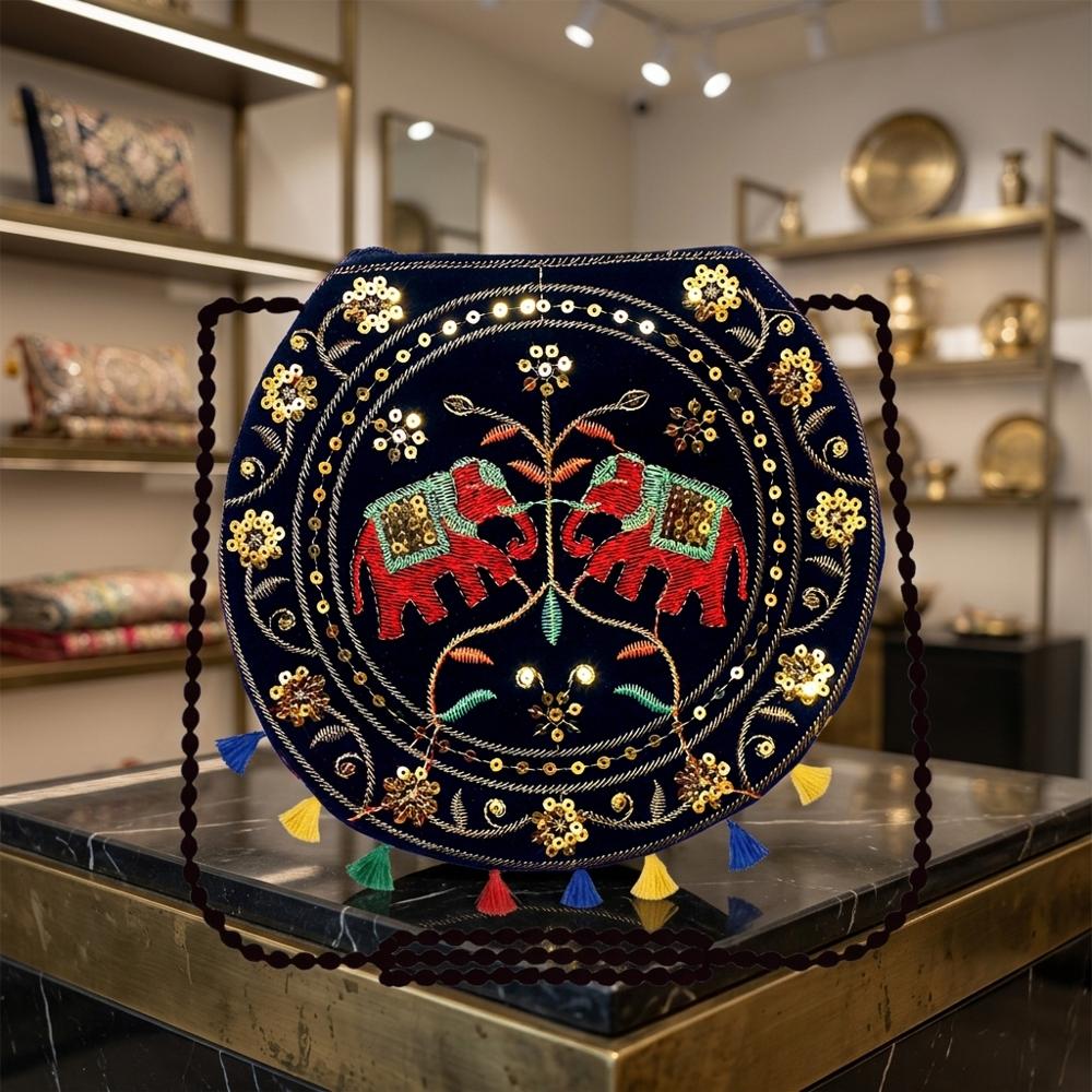 Women Embroidered Round Crossbody Purse with Tassels