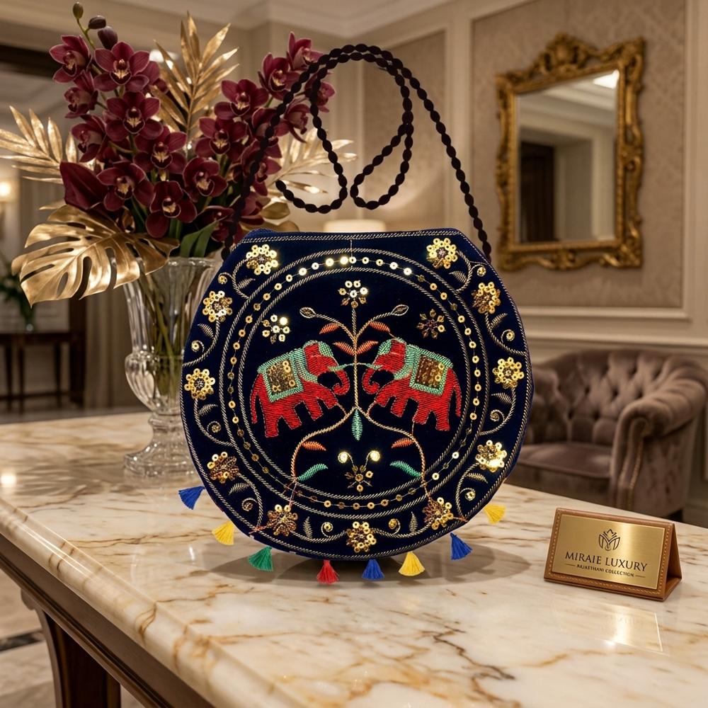 Traditional Elephant Round Sling Bag For Women - Color: Black