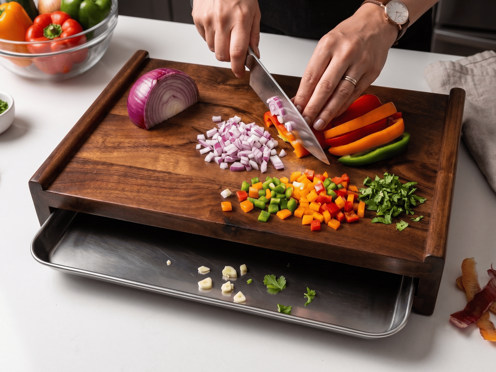 Acacia Wood Cutting Board With Removable Steel Drawer Tray A Kitchen Prep Board - Capacity: 1 Pcs/Hr