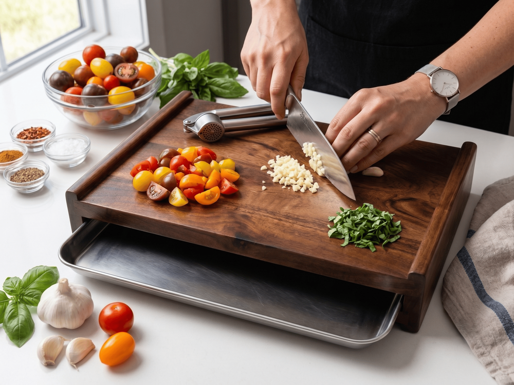 Chopping board with steel tray