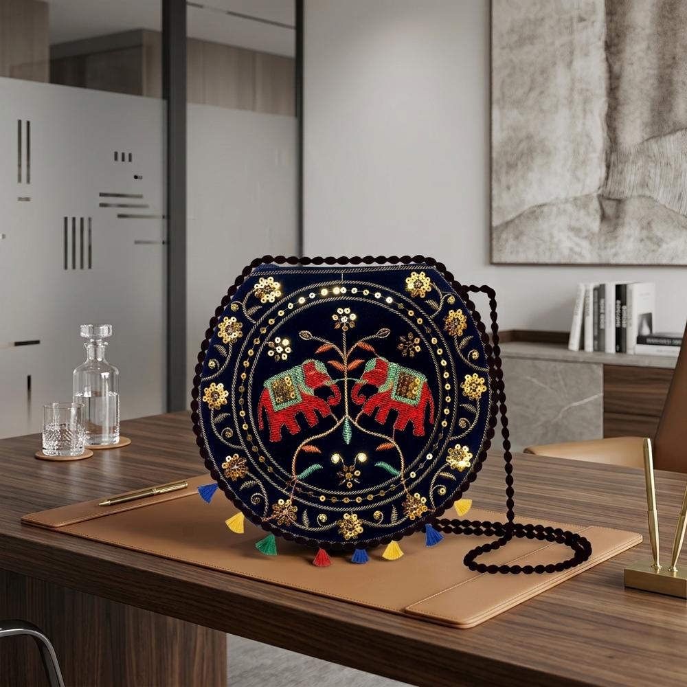 Ethnic Mirror Sequin Round Bag For Women & Girls - Color: Black