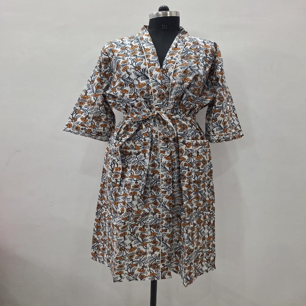 Block Printed Cotton Bathrobe - Chest Size: Up To 52 Inches