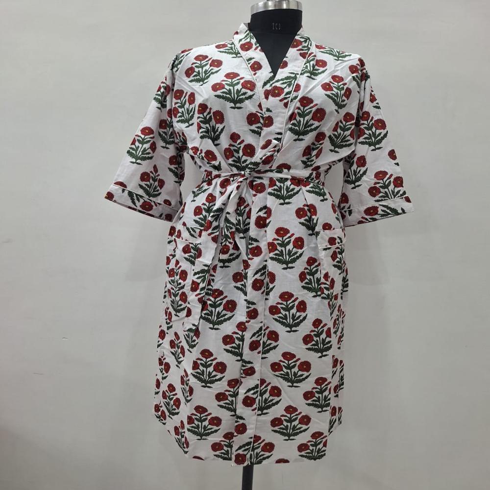 Block Printed Cotton Bathrobe - Chest Size: Up To 52 Inches