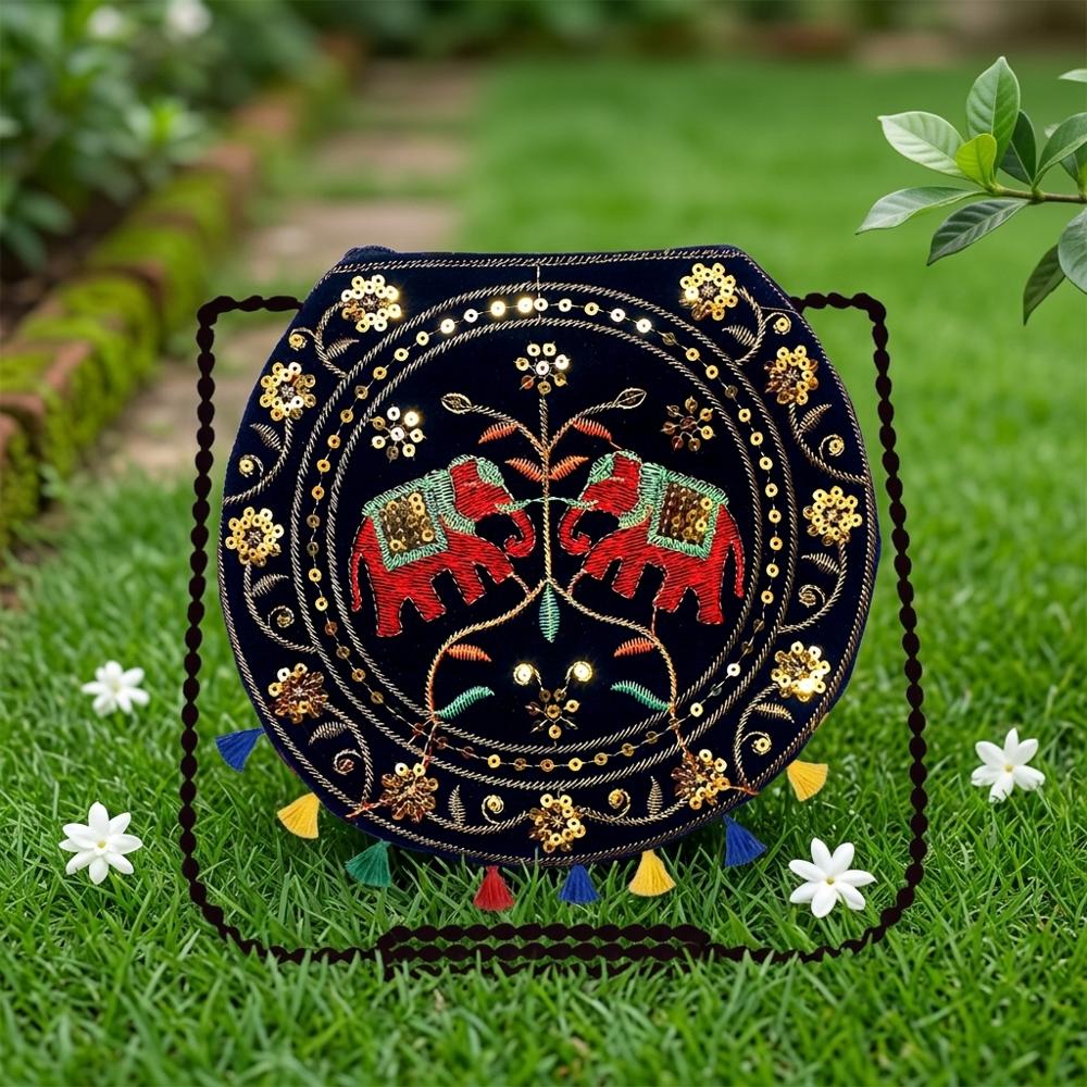 Women Traditional Ethnic Crossbody Sling Purse - Color: Black