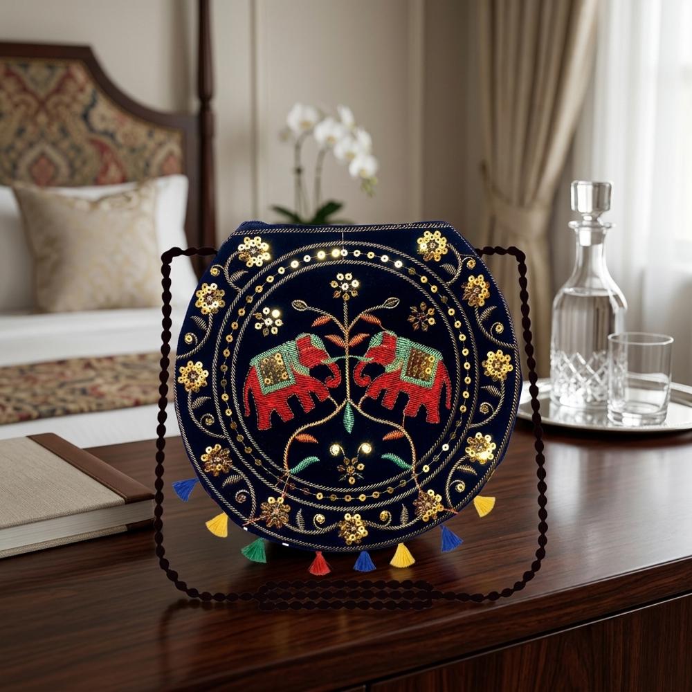 Designer Embroidered Round Shoulder Bag For Women - Color: Black
