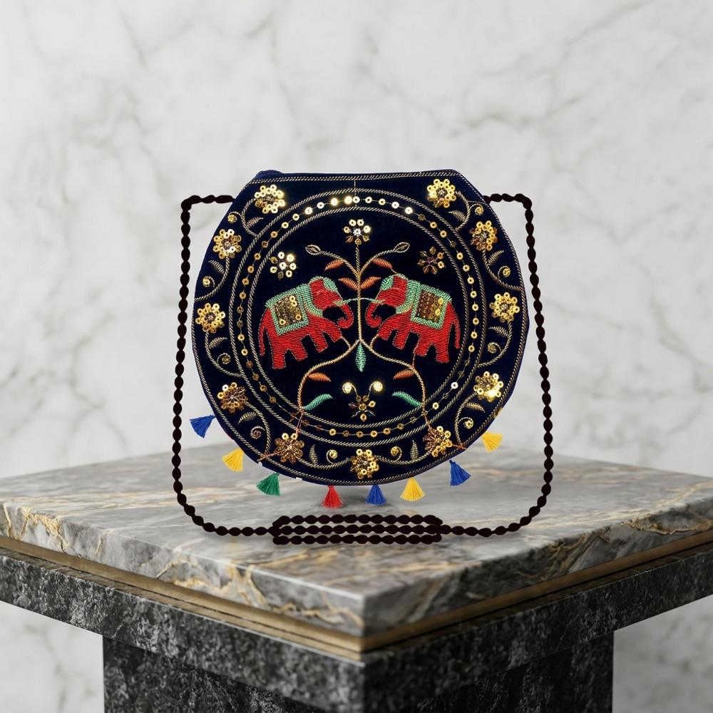 Women Elephant Motif Mirror Work Sling Bag - Color: Black