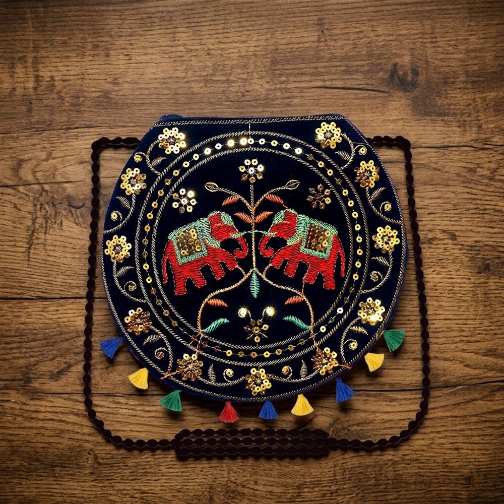 Women Elephant Motif Mirror Work Sling Bag