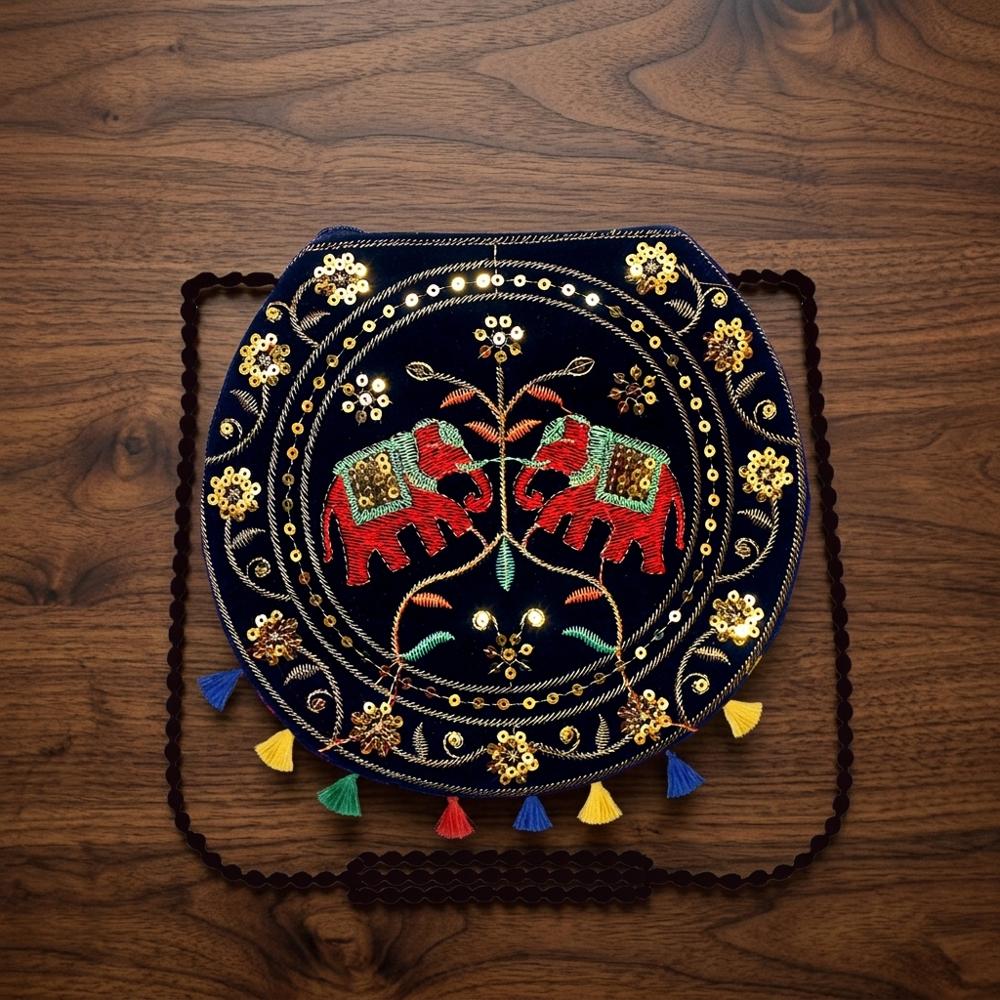 Traditional Round Ethnic Bag with Colorful Tassels