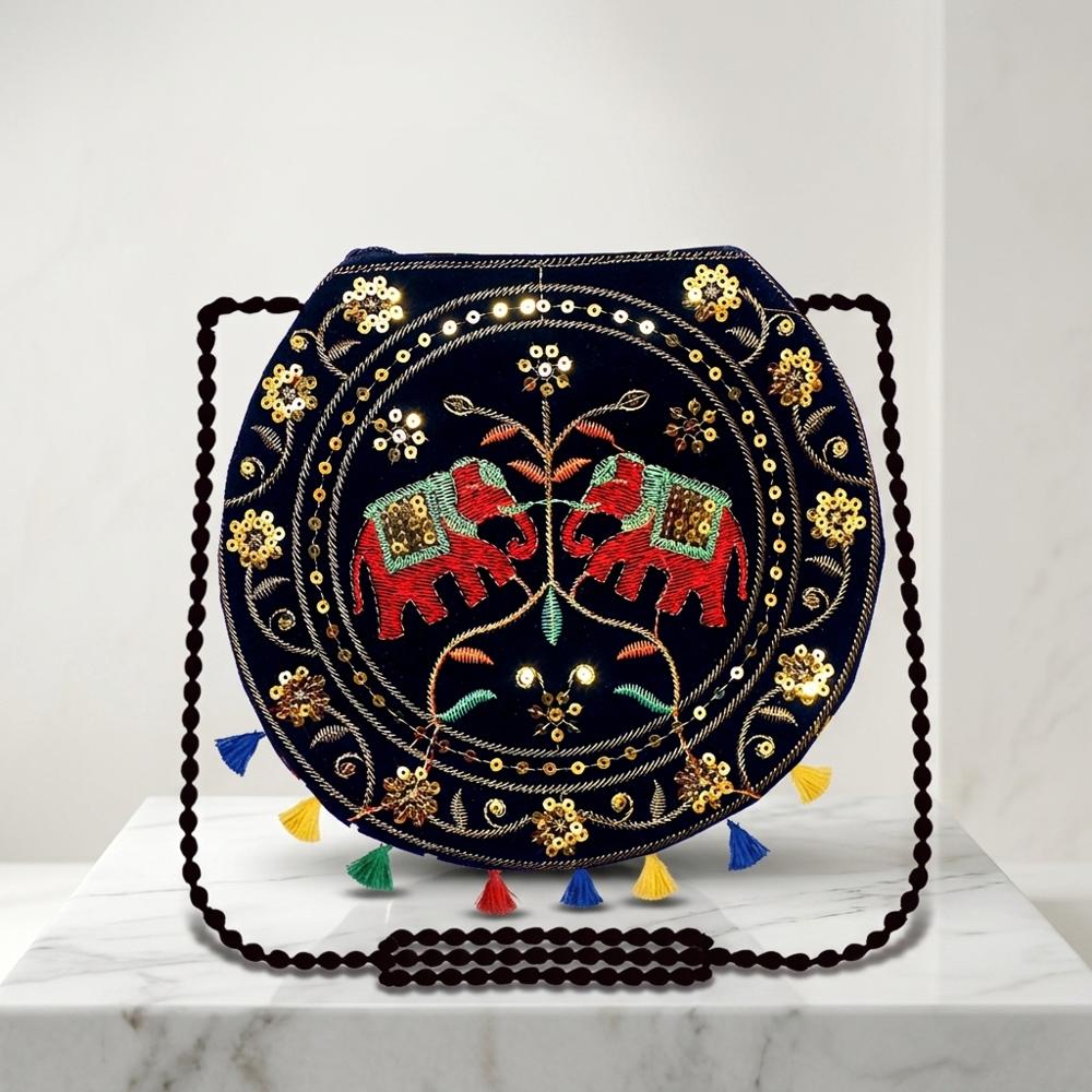 Designer Elephant Motif Round Crossbody Bag - Color: Black