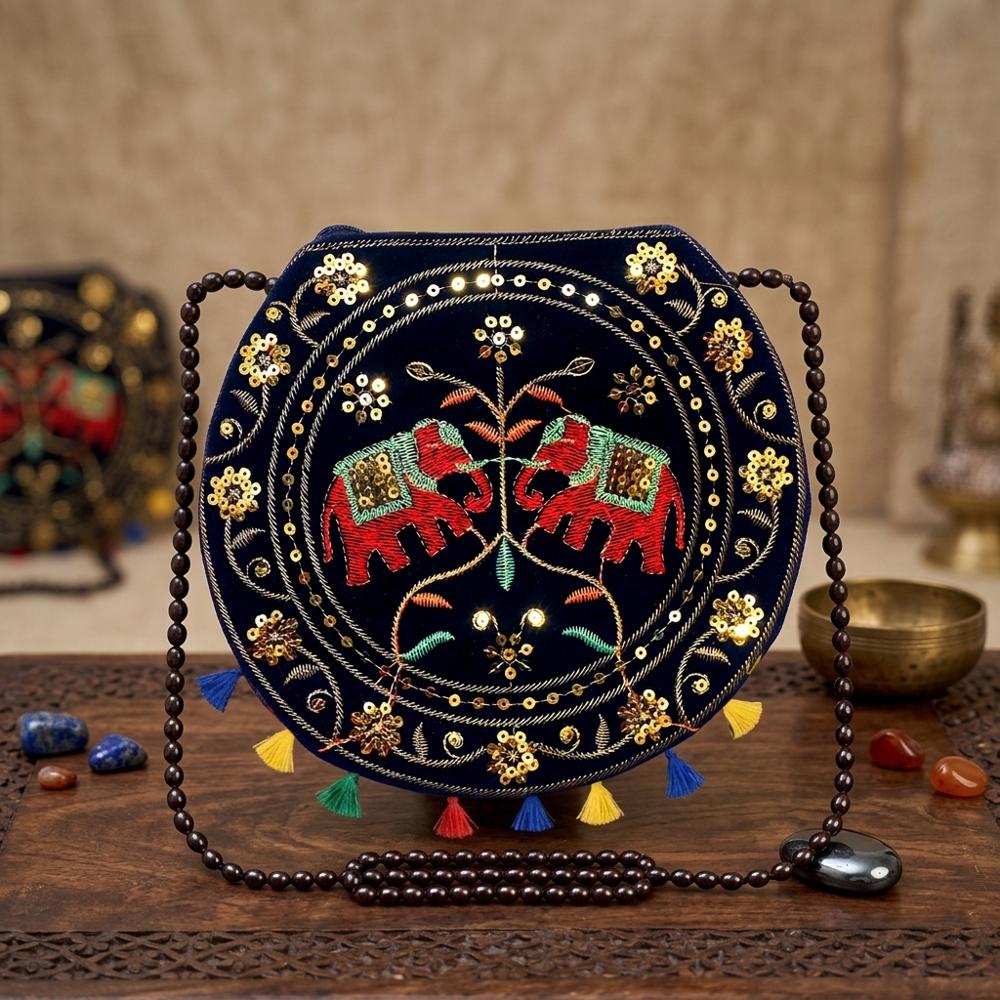 Designer Elephant Motif Round Crossbody Bag