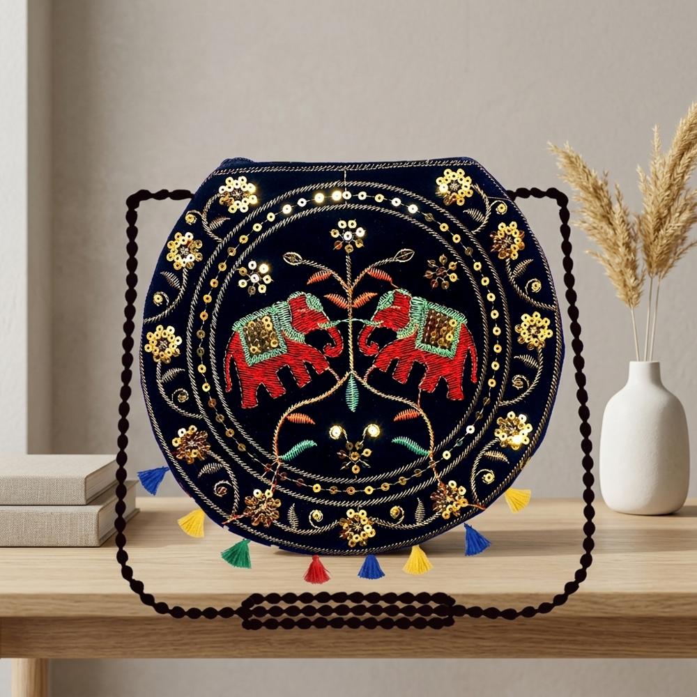 Premium Traditional Round Sling Bag With Zip Closure - Color: Black