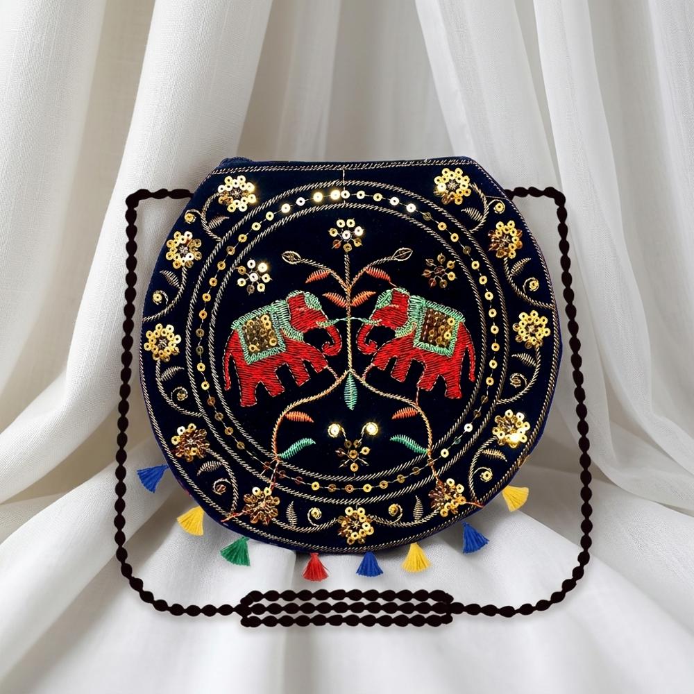 Elephant Embroidered Ethnic Shoulder Bag For Women - Color: Black