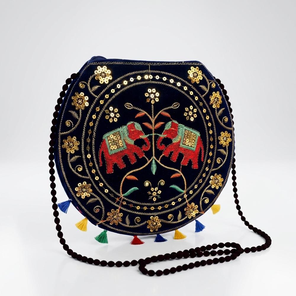 Women Designer Round Sling Purse With Zip Closure - Color: Black