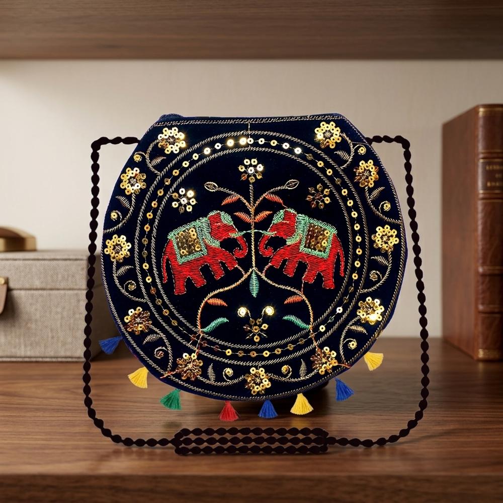 Women Ethnic Elephant Motif Crossbody Sling Bag - Color: Black