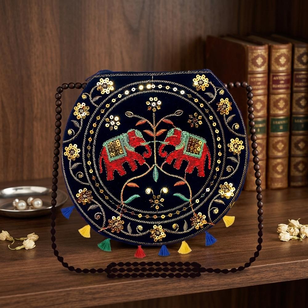 Premium Round Mirror Work Shoulder Bag For Women - Color: Black