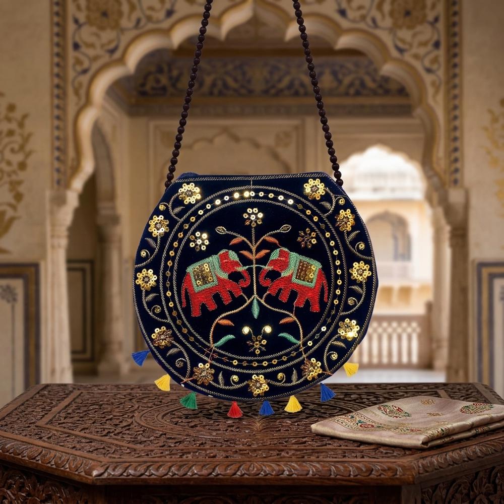 Women Stylish Ethnic Round Crossbody Purse - Color: Black