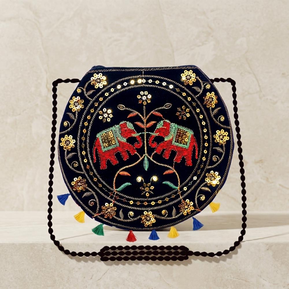 Women Traditional Round Elephant Embroidered Bag