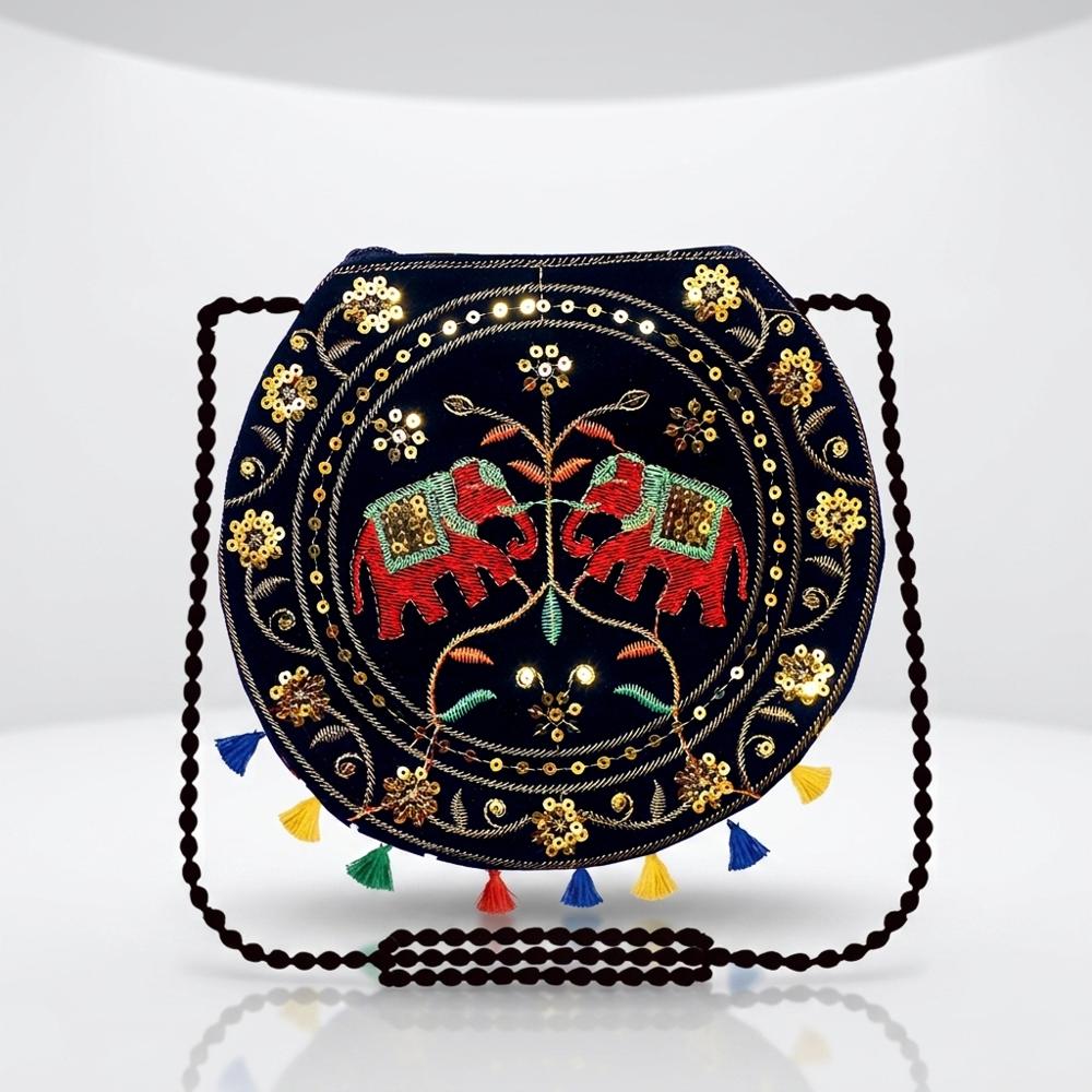 Women Premium Embroidery Round Shoulder Bag - Color: Black