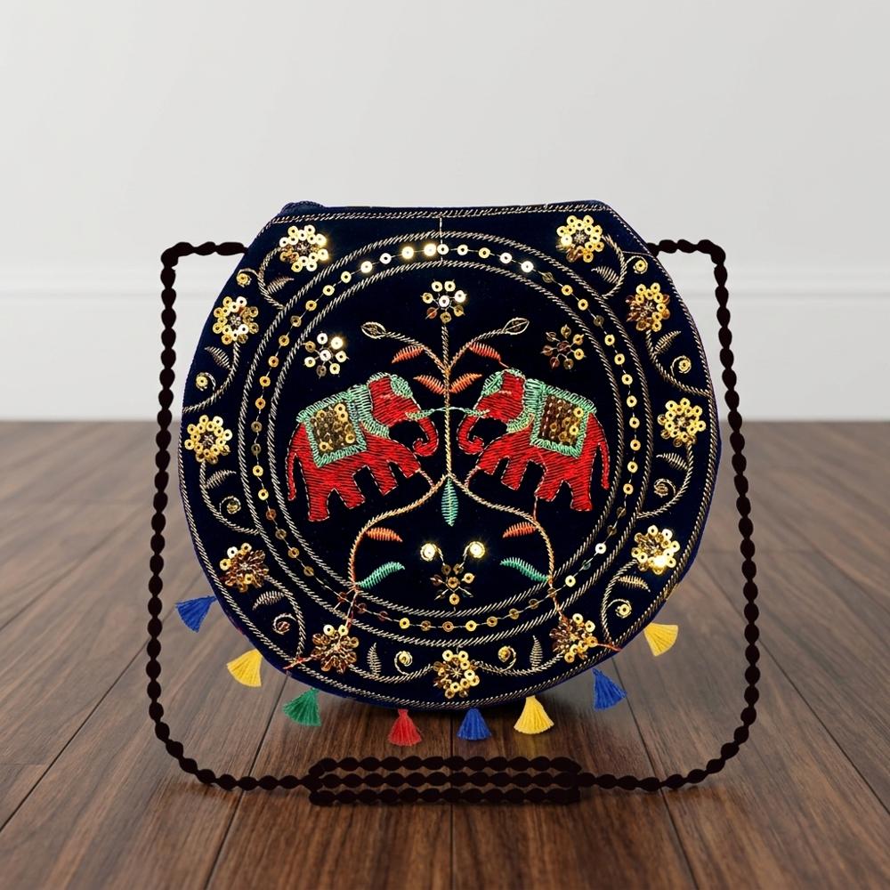 Traditional Elephant Motif Sling Purse For Women - Color: Black
