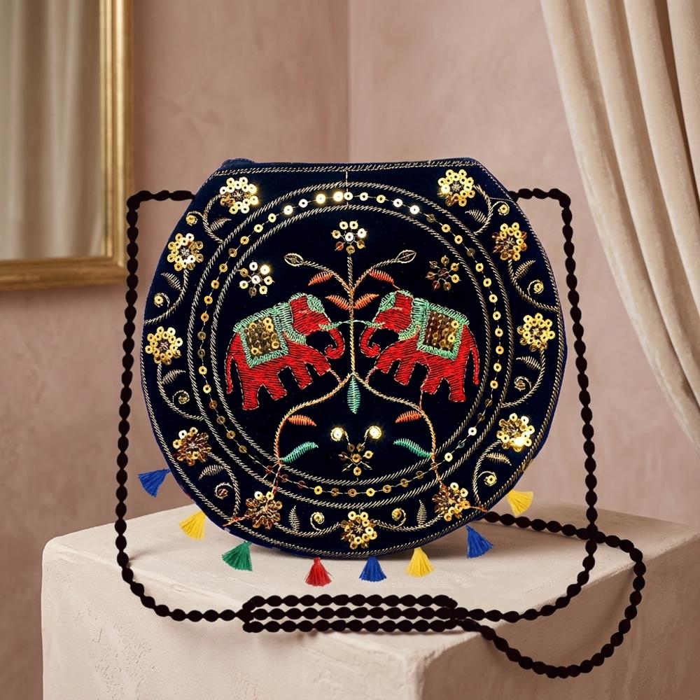 Designer Round Ethnic Shoulder Sling Bag For Women - Color: Black