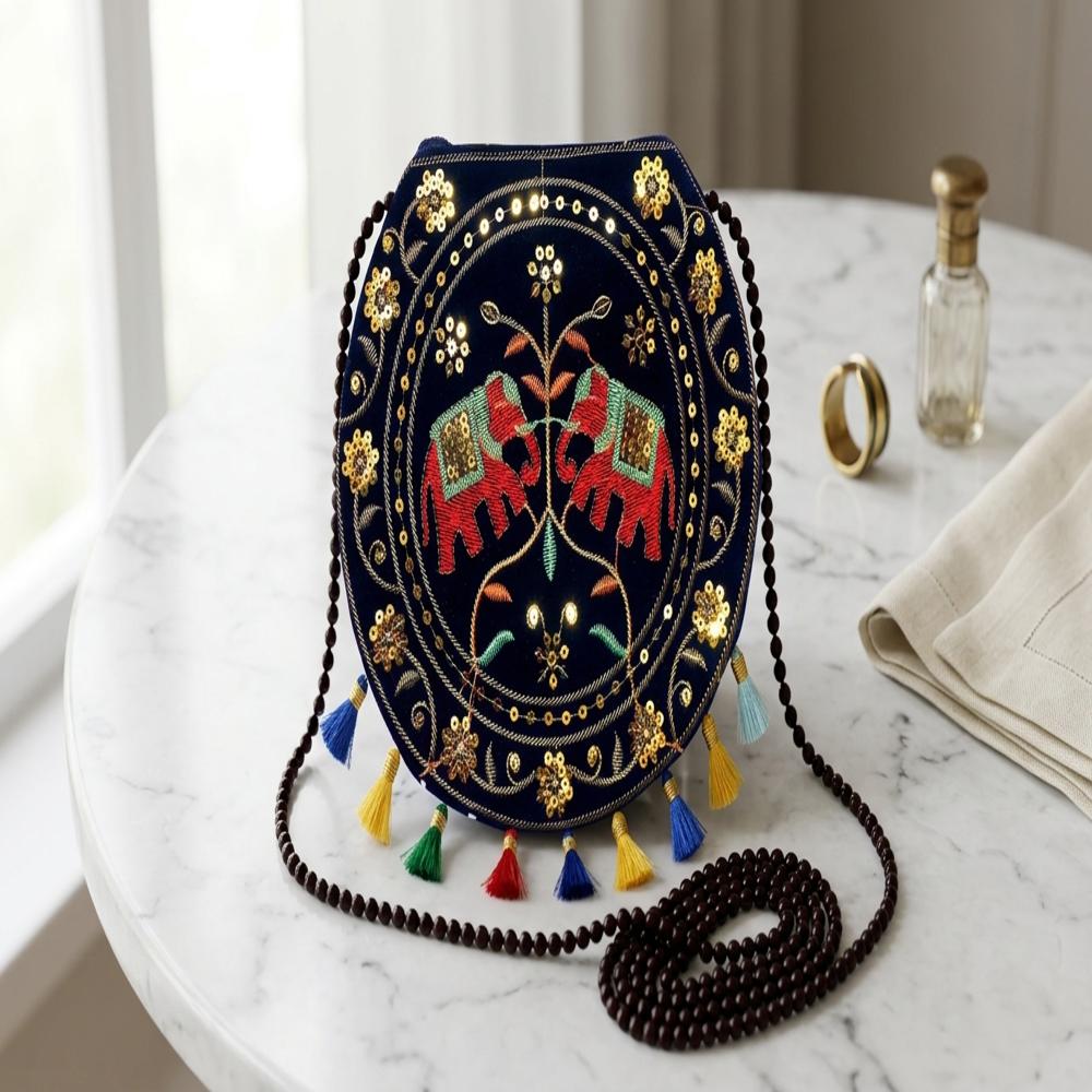 Women Ethnic Embroidered Shoulder Bag With Zip Closure - Color: Black