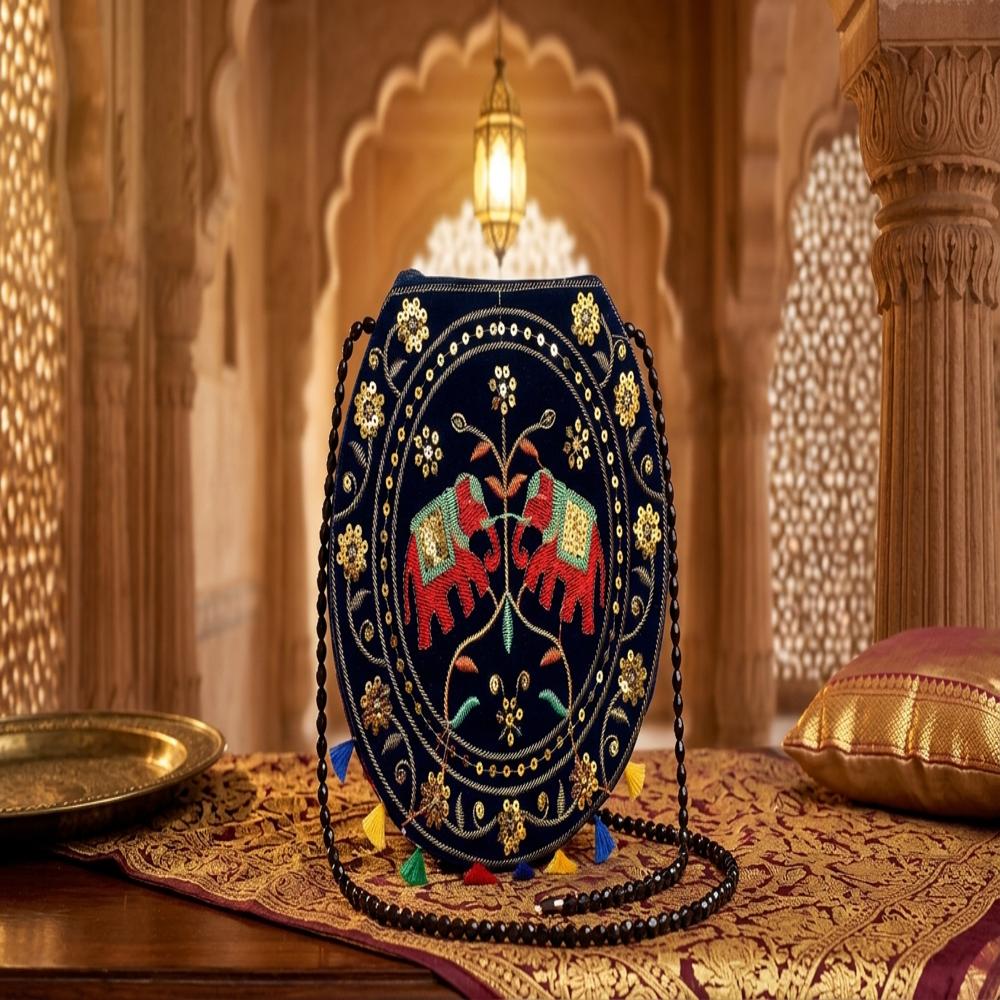 Women Designer Traditional Embroidery Crossbody Bag - Color: Black