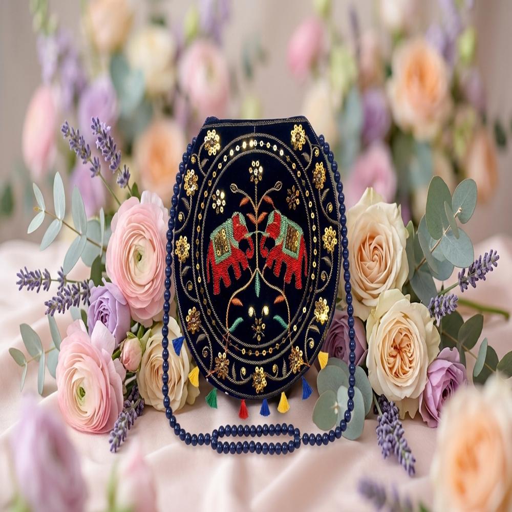 Ethnic Round Mirror Work Shoulder Purse For Women - Color: Black