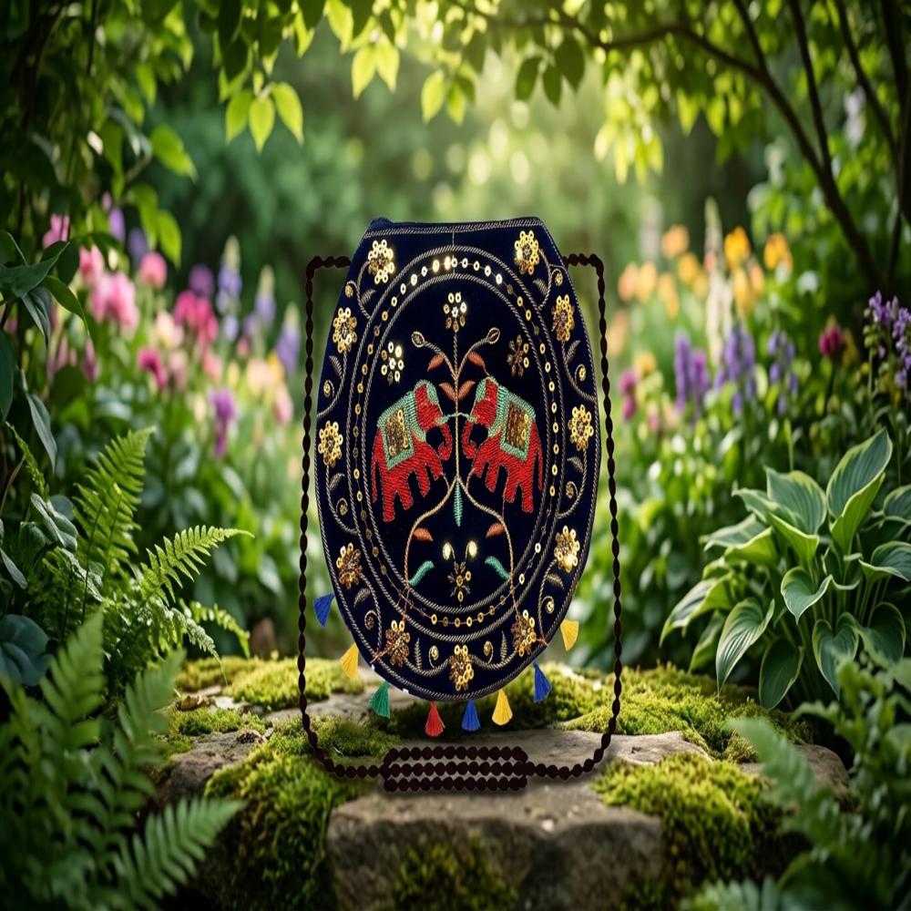 Women Embroidered Ethnic Sling Purse With Zip Closure - Color: Black
