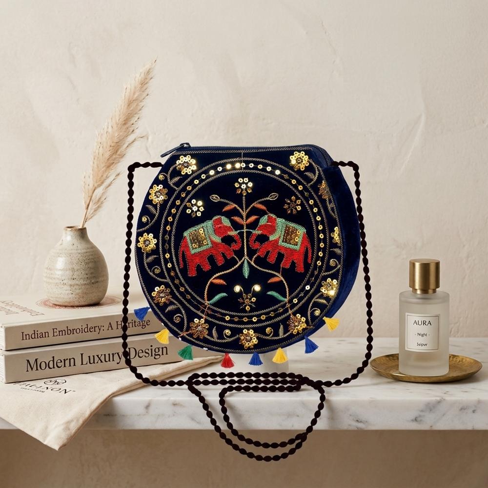 Women Embroidered Ethnic Sling Purse with Zip Closure