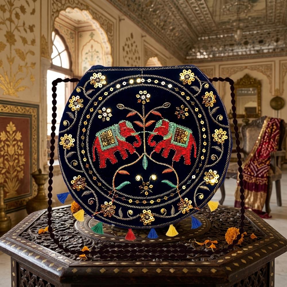 Designer Elephant Embroidery Round Shoulder Bag