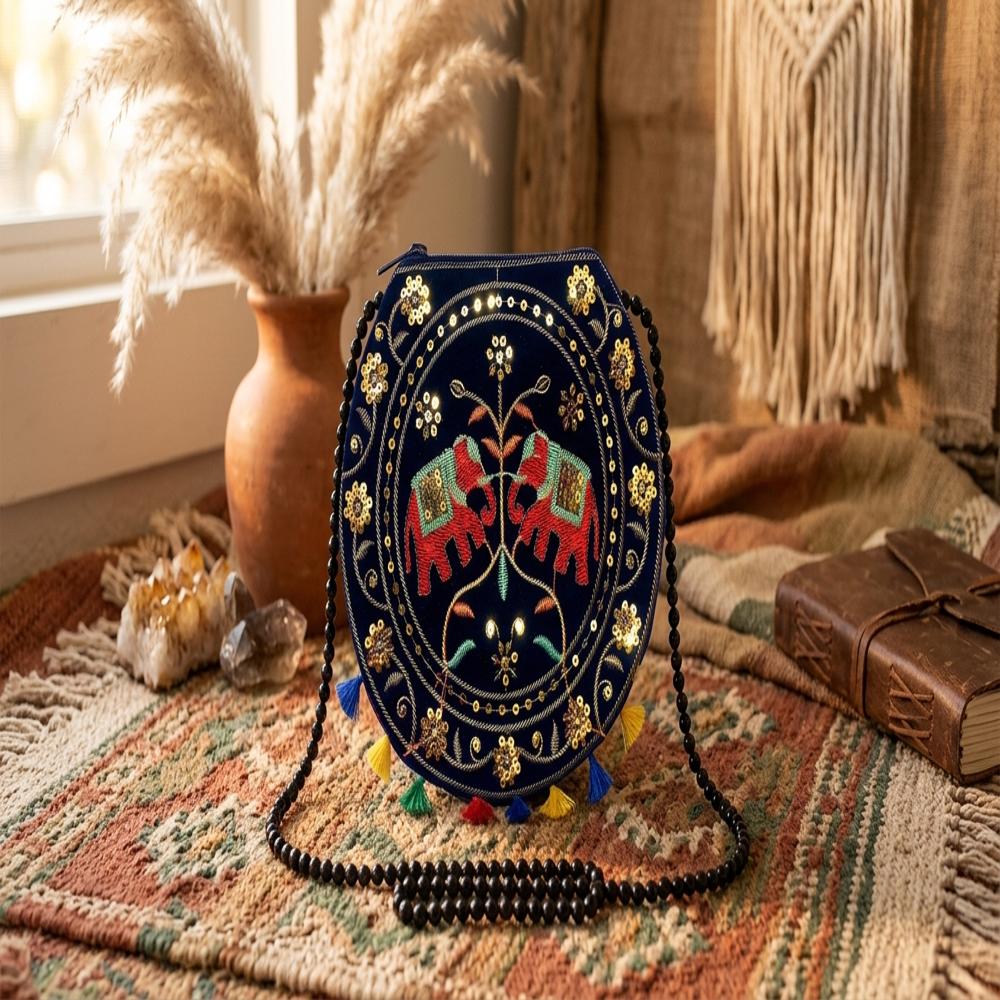 Premium Ethnic Round Elephant Sling Bag For Women - Color: Black