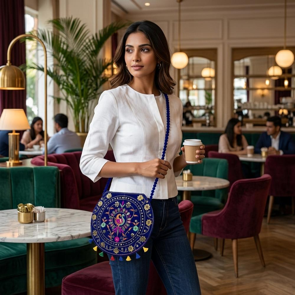 Women Embroidered Sling Bag with Peacock Design & Tassels