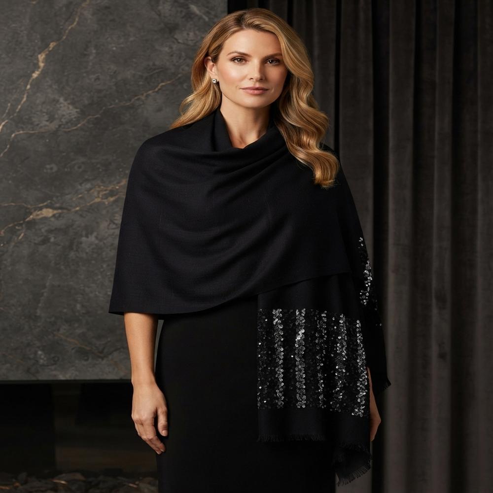 Silk Wool Sequin Work Stoles - Color: Assorted