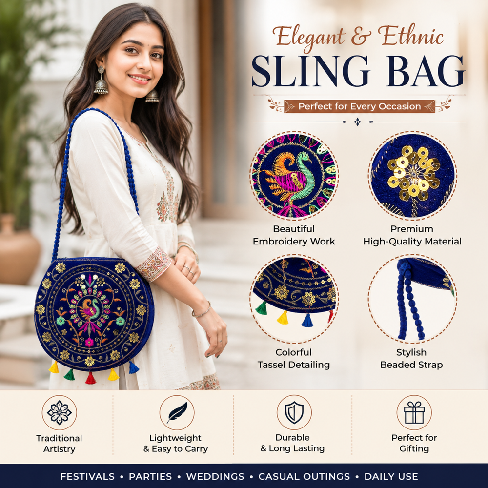 Traditional Embroidery Sling Purse For Women & Girls - Color: Blue