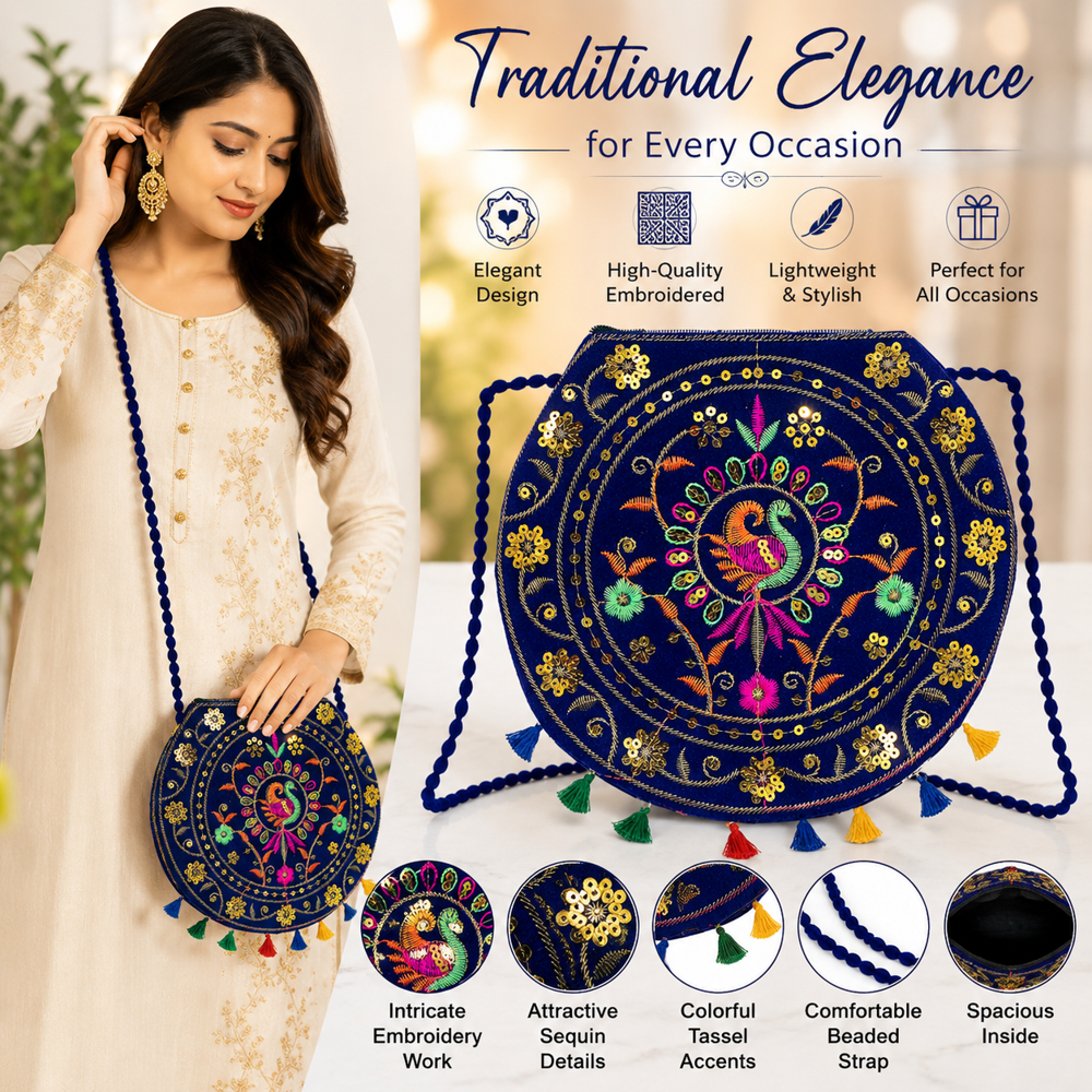 Ethnic Peacock Sling Bag With Beaded Shoulder Strap - Color: Blue