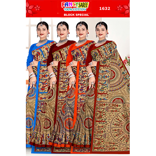 Cotton Ladies Saree (Block Print) - Color: Multiple (Blue