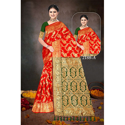 Silk Shilp Ladies Saree - Color: Red With Gold And Green Accents