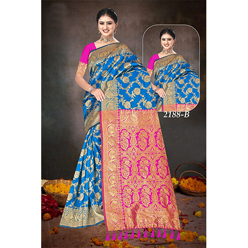 Shilp Ladies Saree(Silk Saree) - Color: Royal Blue With Pink Pallu