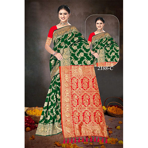 Shilp Ladies Saree - Color: Green With Red Pallu