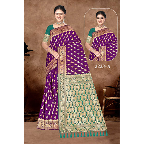Shilp Ladies Saree(Silk Saree) - Color: Purple With Beige-Green Pallu
