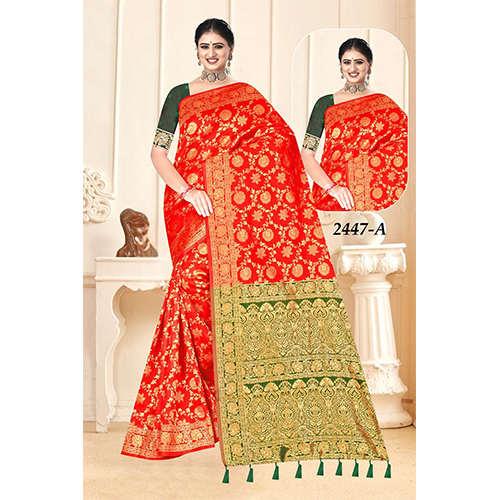 Shilp Ladies Silk Saree - Color: Red & Green