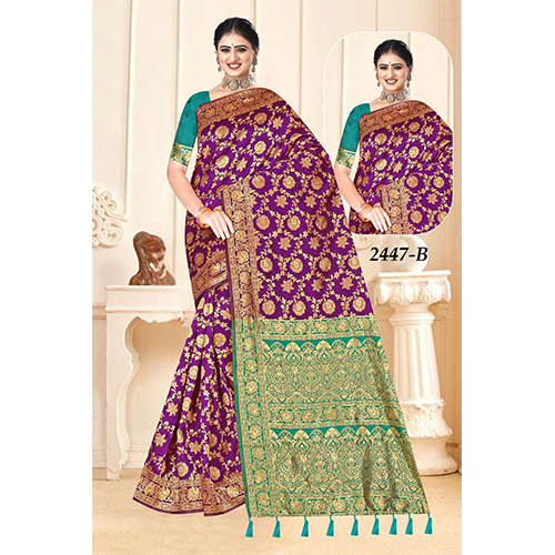 Shilp Designer Ladies Saree Silk - Color: Purple And Green With Gold