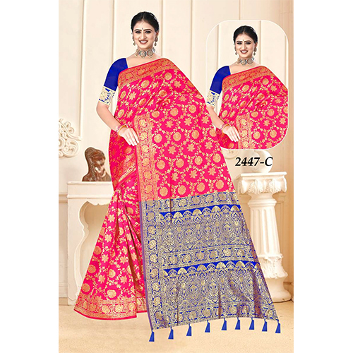(Silk) Shilp Ladies Saree - Color: Rani Pink With Blue Pallu