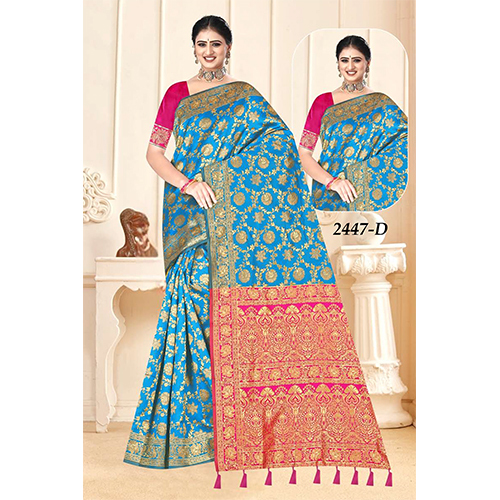 Shilp Ladies Saree - Color: Blue With Peach Contrast Pallu