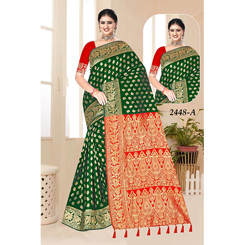 (Silk)Shilp Ladies Saree - Color: Green With Red And Gold Pallu